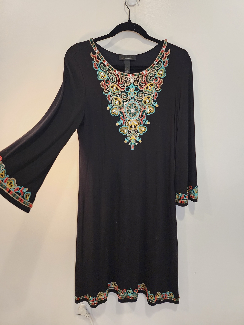 INC Black 3/4 Flare Sleeve Dress w/ Colorful Bead Embellishments Women's Medium